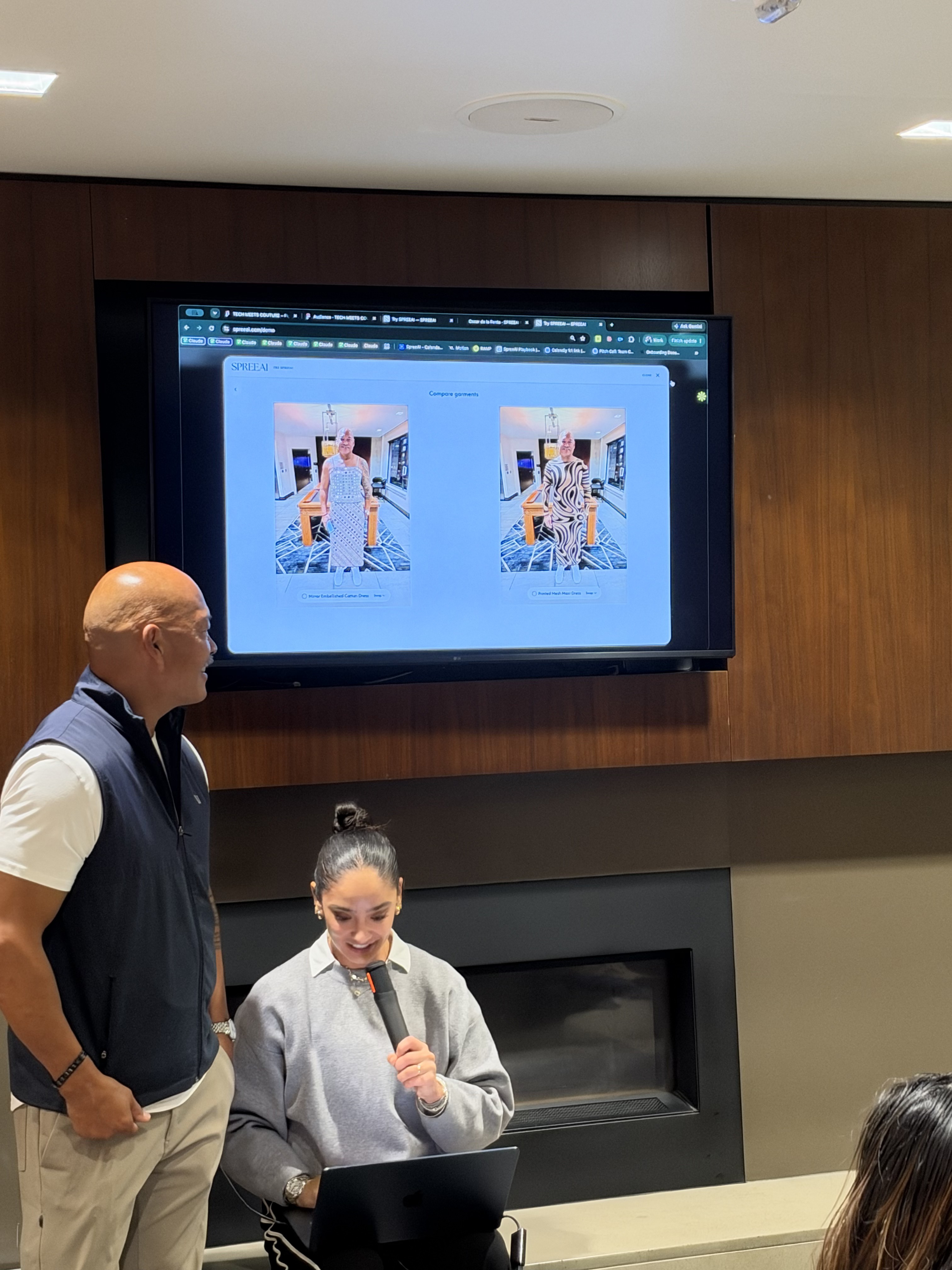 A SPREEAI demonstration showing two garment looks side by side during the San Francisco gathering.