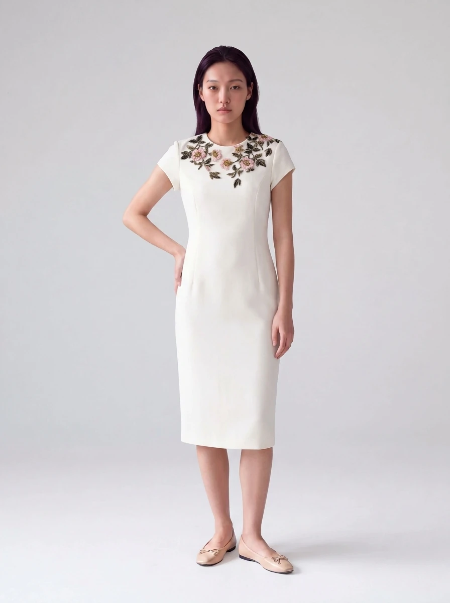 Yuna wearing the Beaded Floral Embroidered Pencil Dress